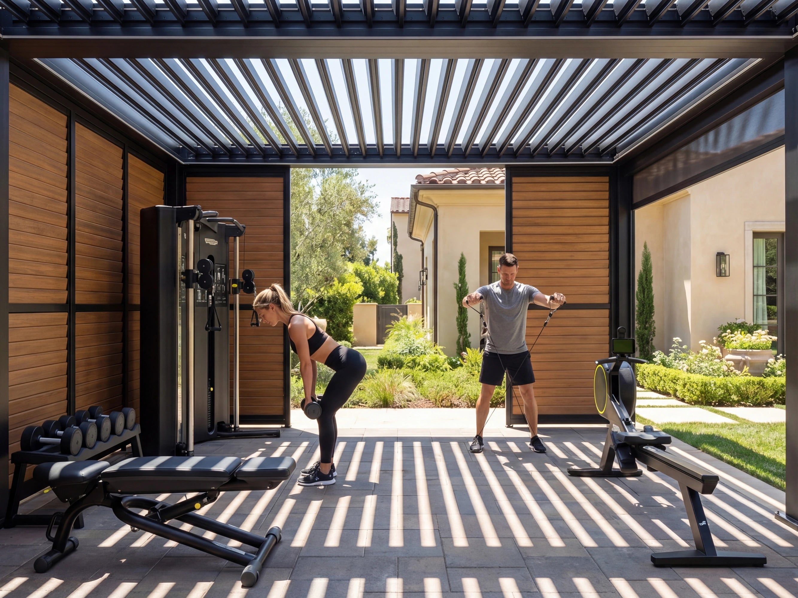 Hanso Horizon freestanding pergola installed over a home gym setup in a California backyard, showing the clean dark aluminum frame and stainless baseplates
