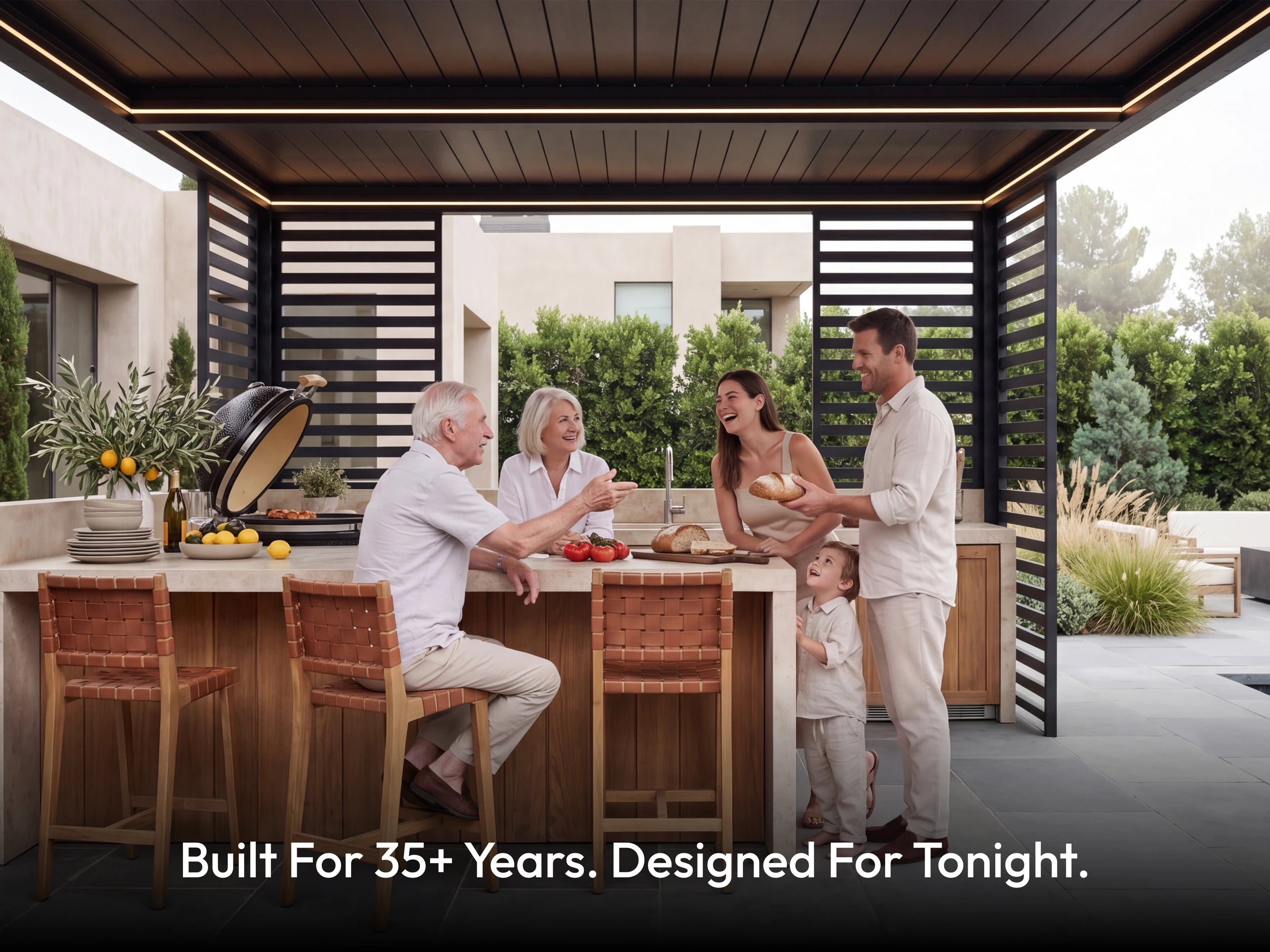 Hanso Horizon under a family dinner with multiple generations, showcasing the Built For 35+ Years tagline