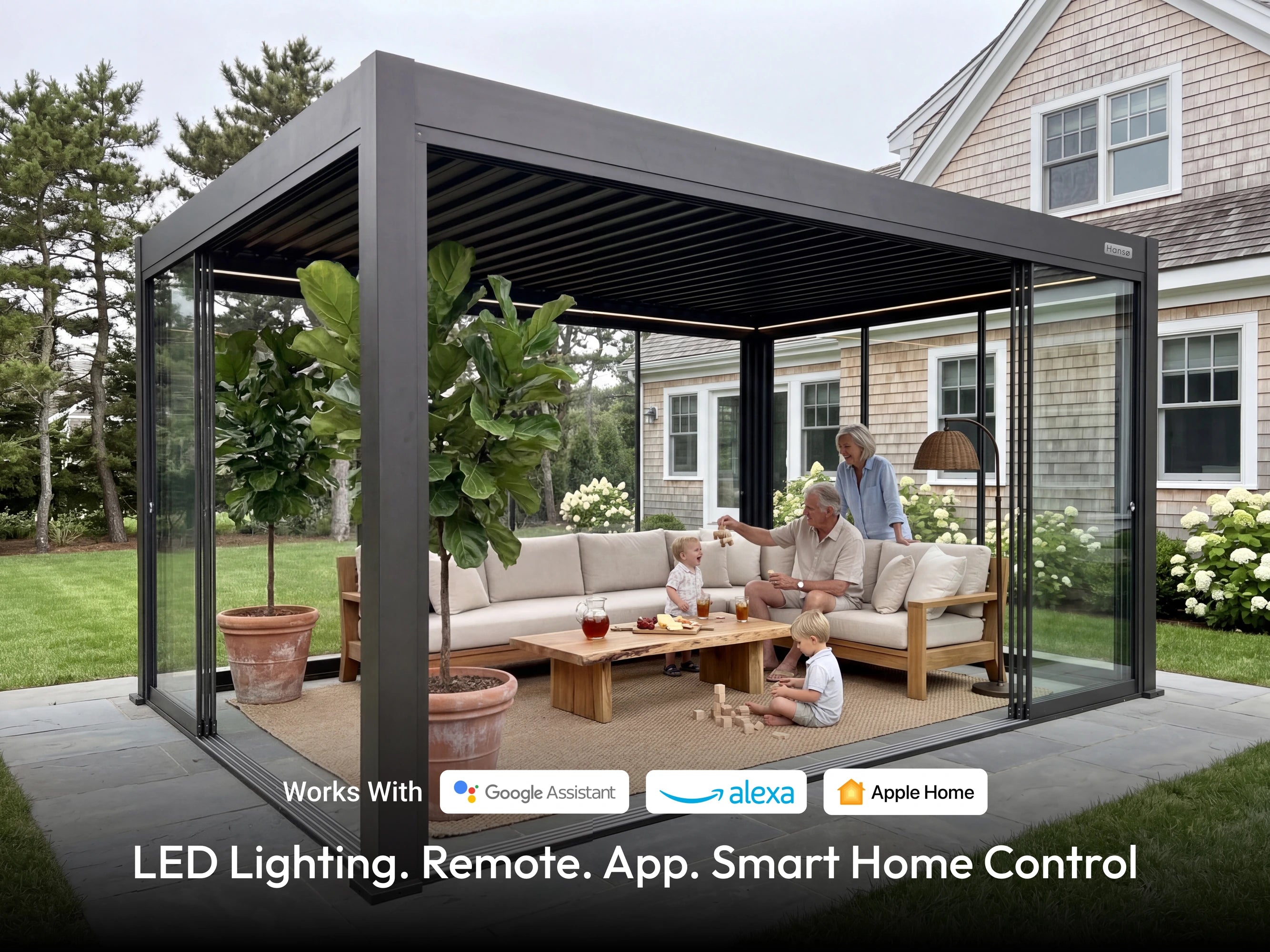 Hanso Horizon freestanding pergola with smart home control icons for Google Assistant, Alexa, and Apple Home