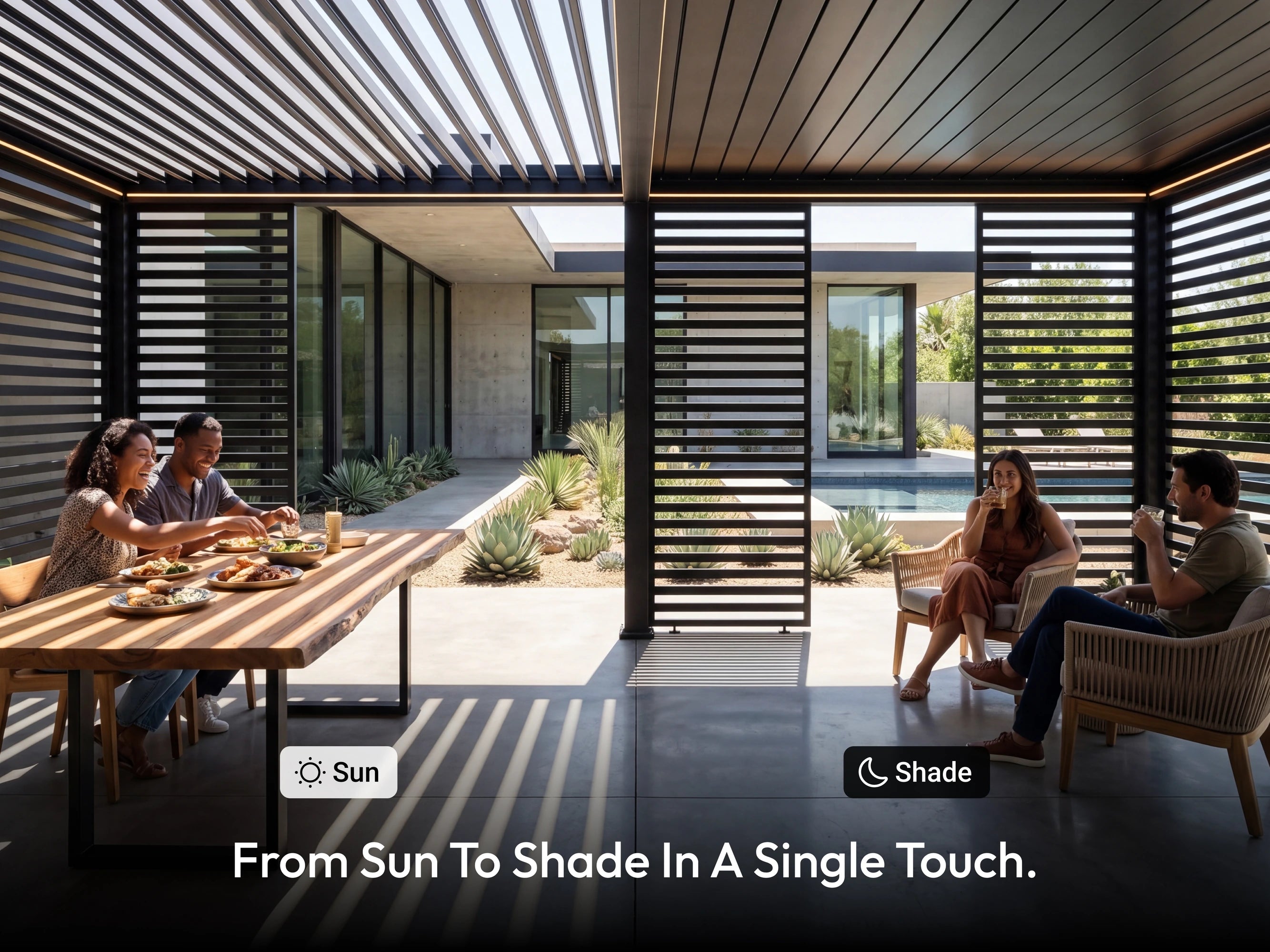 Hanso Horizon double-layer louvers partially tilted, showing the transition from sun to shade in one touch