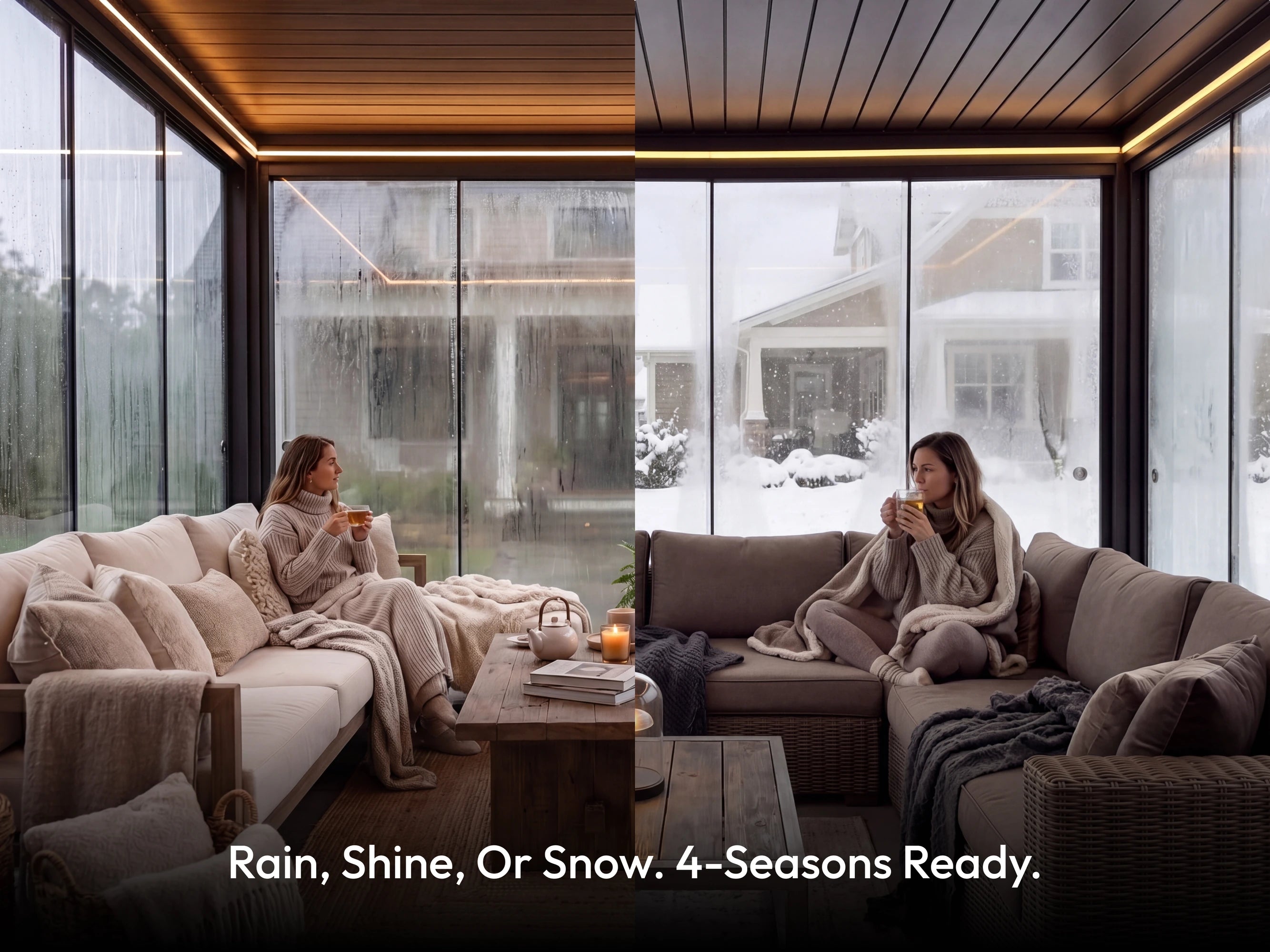 Hanso Horizon shown in rain and snow conditions, demonstrating 4-seasons ready performance under real-world weather