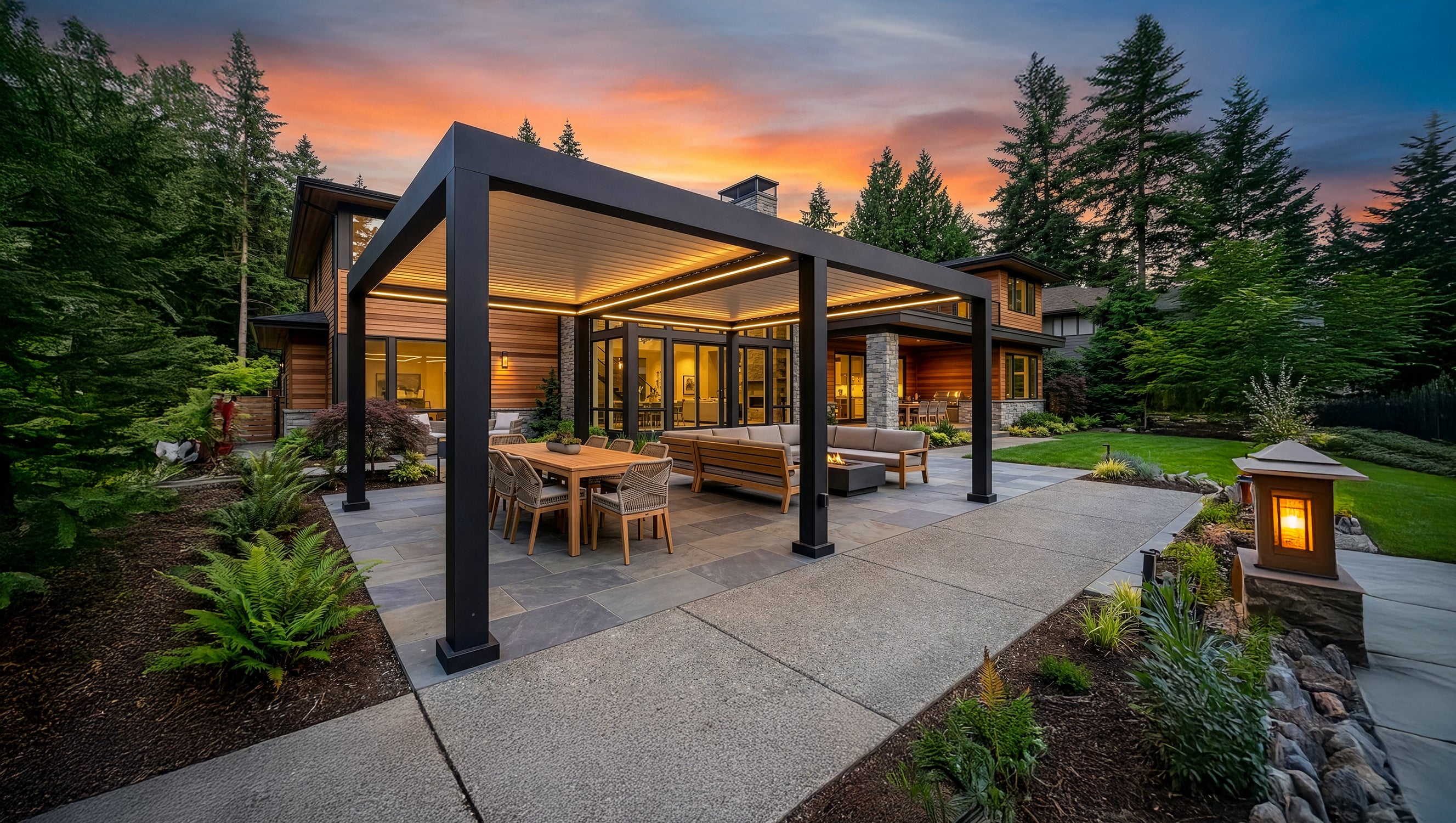 The Luxury Pergola installed, showcasing the finished product with louvers in various positions