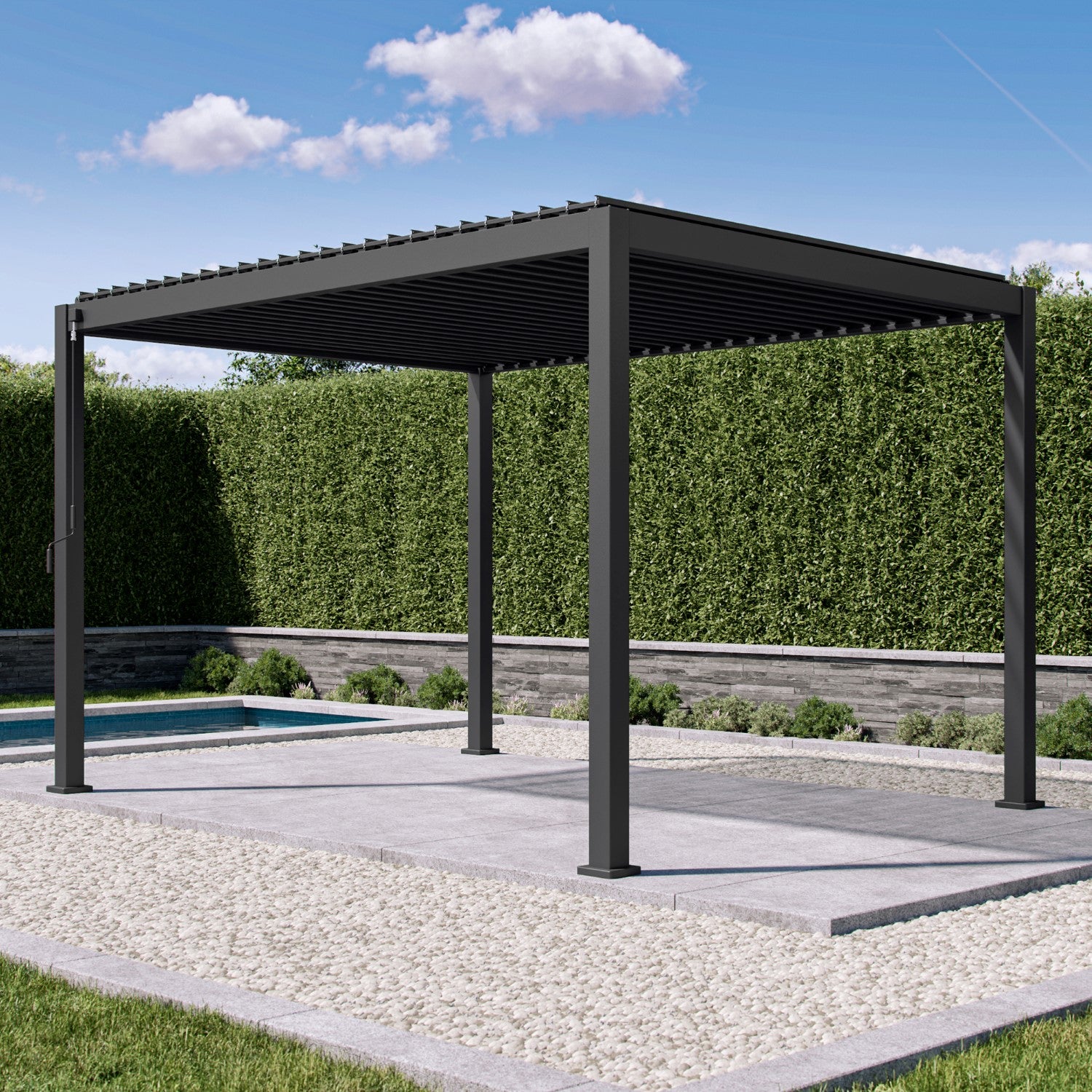 Mirador 111S pergola installed on a suburban patio showing the modern design aesthetic