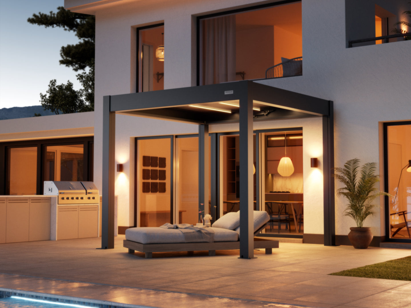 Pergolux Skydance S3 pergola installed at a modern home at dusk, showing the frame and integrated LED strip lighting