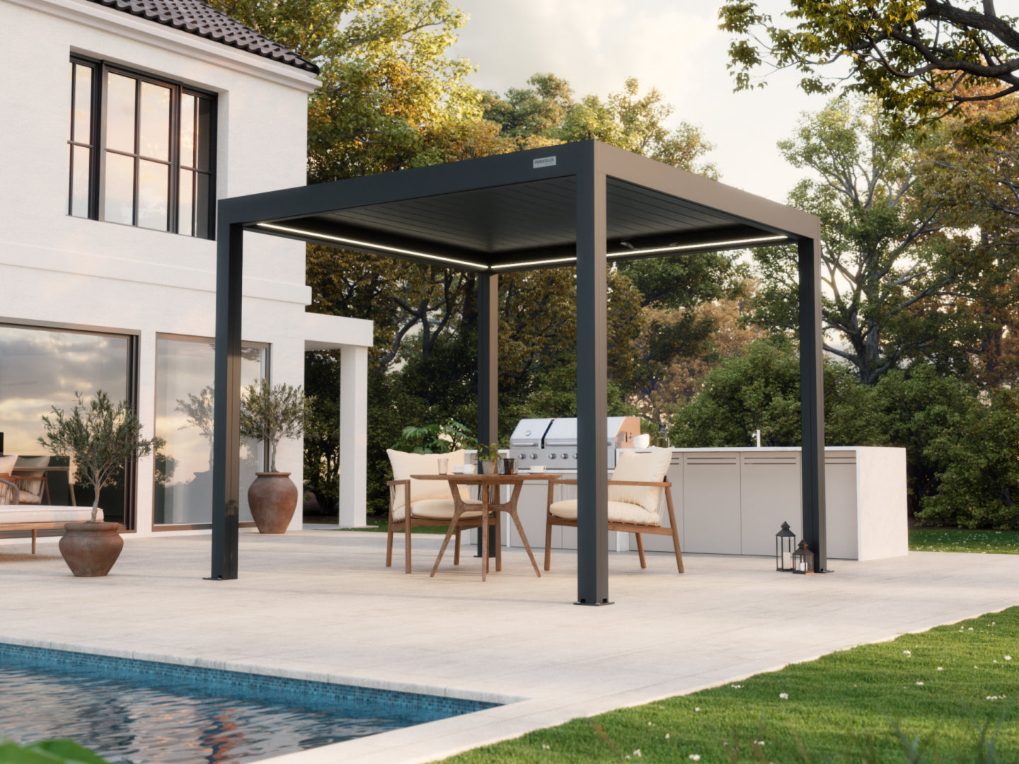 Pergolux Sundream S3 pergola in a poolside outdoor kitchen setting
