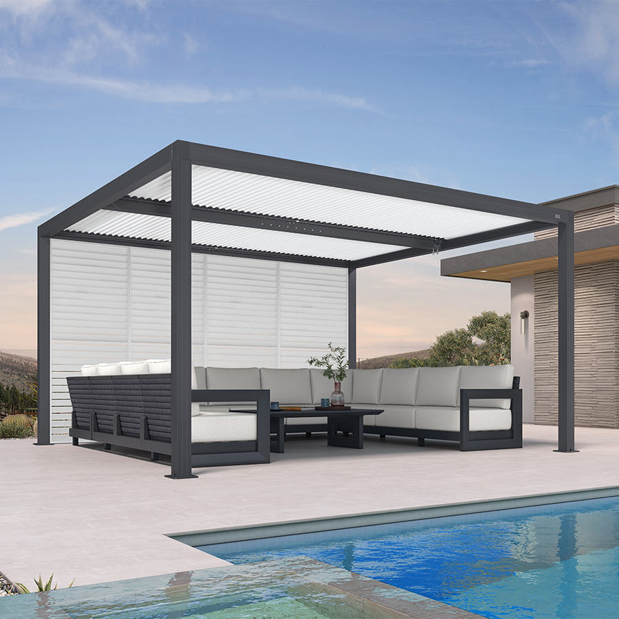 PurpleLeaf Athena pergola with optional side shutters showing complete enclosure capability