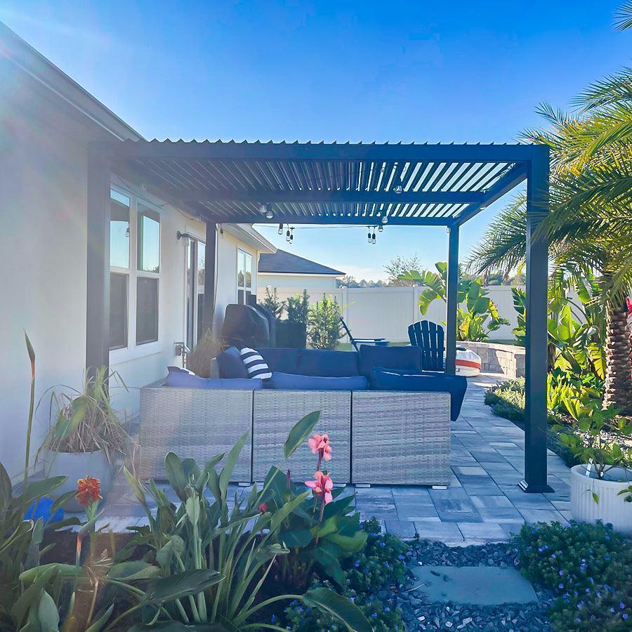 Close-up of PurpleLeaf Caesar pergola showing aluminum construction and louver mechanism